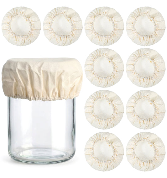 10 Pcs Sourdough Jar Covers, Cotton & Linen Cloth for Fermentation Jars, Fits 3-4 Inch Mouth (White)