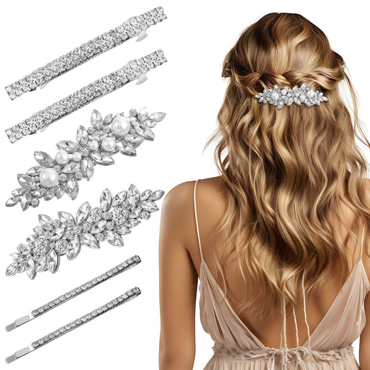 Elegaperma 6Pcs Silver Hair Clips Prom, Leaf Shapes Rhinestone Hair Pins