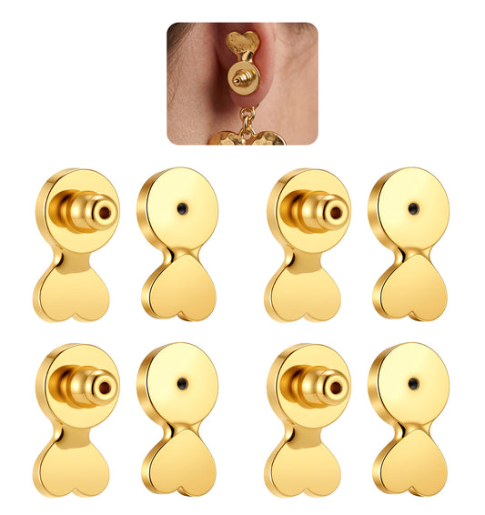 Thrymme 8 Pcs Earring Supports for Heavy Earrings, 14k Earring Lifters Backs for Droopy Ears, Gold Metal Heart-Shaped Design, 4 Pairs (1.3 x 0.7 cm)