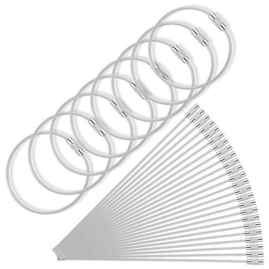 Classicseali 24pcs Locking Key Ring, Stainless Steel Cable Key Ring, 2mm Thick Wire Keys Rings, for Keyrings, Keys Tags, Luggage Tags, Kitchen Utensils-Assorted, Silver