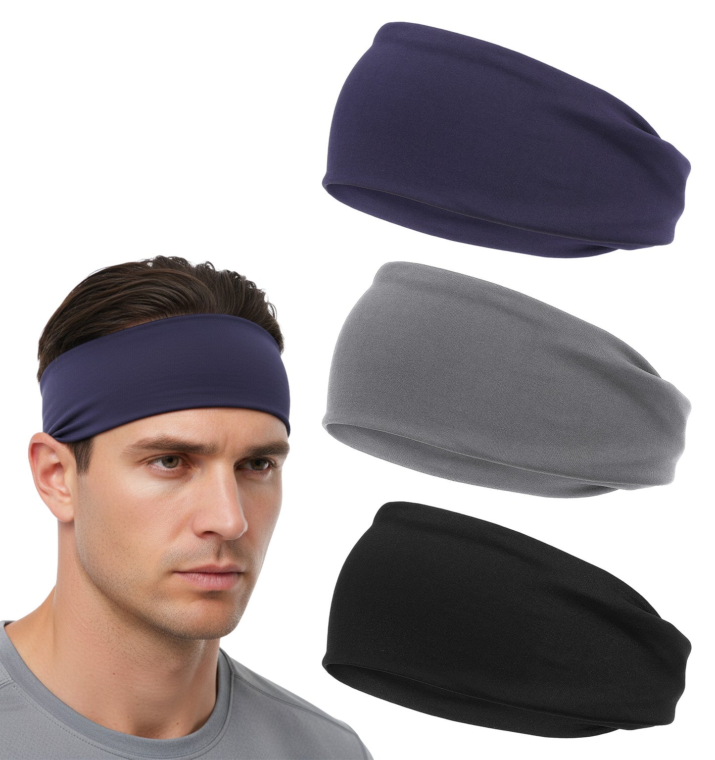 3 Pcs Head Sweat Bands for Men, Sweat Bands Head Non-Slip Sweatband for Running, Cycling, Basketball, Tennis & Yoga, Stretchy Quick-Dry Hairband
