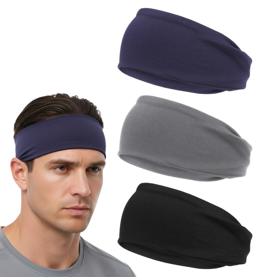 3 Pcs Head Sweat Bands for Men, Sweat Bands Head Non-Slip Sweatband for Running, Cycling, Basketball, Tennis & Yoga, Stretchy Quick-Dry Hairband