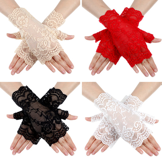 Classicseali 4 Pairs Lace Fingerless Gloves, Floral Elegant Lace Gloves Fingerless for Women Halloween Costume,Fingerlesess Laces Glove for Weddings, Proms, Tea Parties,Dinner Party,4 Colors