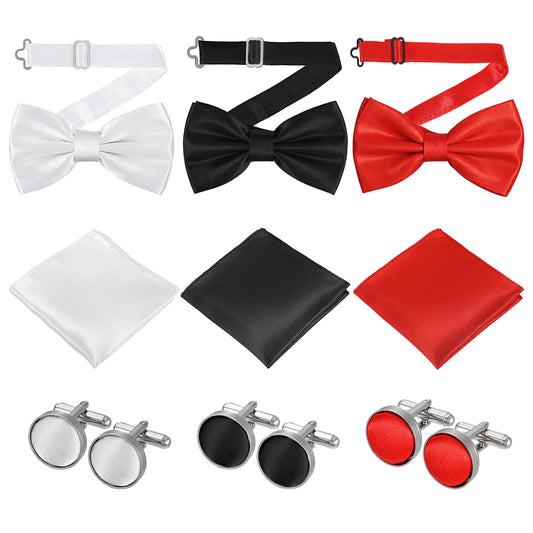 guduling 3sets Mens Bow Tie, Dicky Bow Tie,Bowtie, Including Scarf, Cuffs, Adjustable Ties, Suitable for Wedding, Banquet, Formal Occasions, Black, White, Red