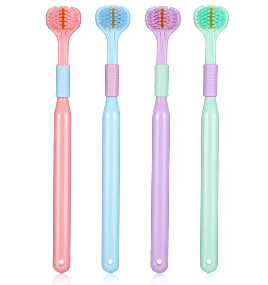 4 Pcs 3 Sided Toothbrush, Soft Bristles Autism Toothbrush 360° Teeth Cleaning for Comprehensive Oral Care, Blue/Green/Pink/Purple
