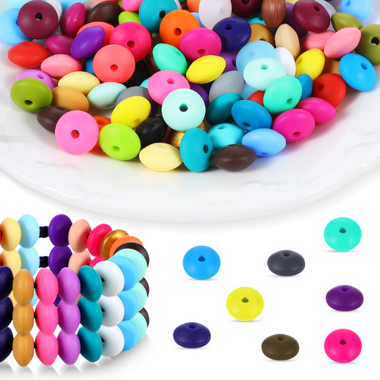 oruola 120pcs Silicone Abacus Beads 12mm Silicone Lentil Beads with 5m Black Lanyard for DIY Bracelets Necklace Keychain Making, Assorted 40 Colors Rubber Spacer Beads Kit
