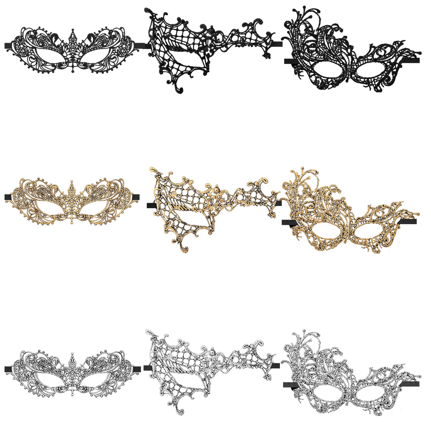 Classicseali 9pcs Masquerade Mask, 3 Shapes Venetian Mask for Halloween, Carnival, Prom, Ball, and Evening Events (Black,Gold,Silver)