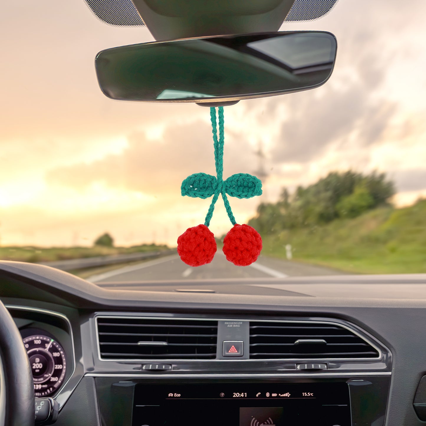 Classicseali Car Hanging Accessories, Cute Crochet Cherry Car Accessories, Hand-Woven Rear View Mirror Accessorieses, Suitable for Women and Girls, Hanging Bags, Rearview Mirrors and Keychains