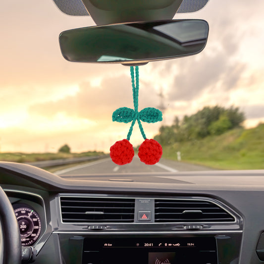 Classicseali Car Hanging Accessories, Cute Crochet Cherry Car Accessories, Hand-Woven Rear View Mirror Accessorieses, Suitable for Women and Girls, Hanging Bags, Rearview Mirrors and Keychains