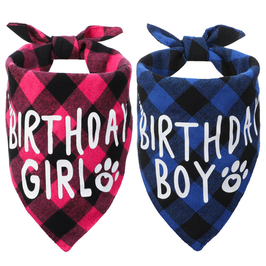 Classicseali 2PCS Dog Birthday Bandana, Checkered Happy Birthday Dog Bandana, Soft Cotton Birthdays Dogs Bandanas, Suitable for Small, Medium and Large Pet Dogs, Blue Boy, Rose Red Girl