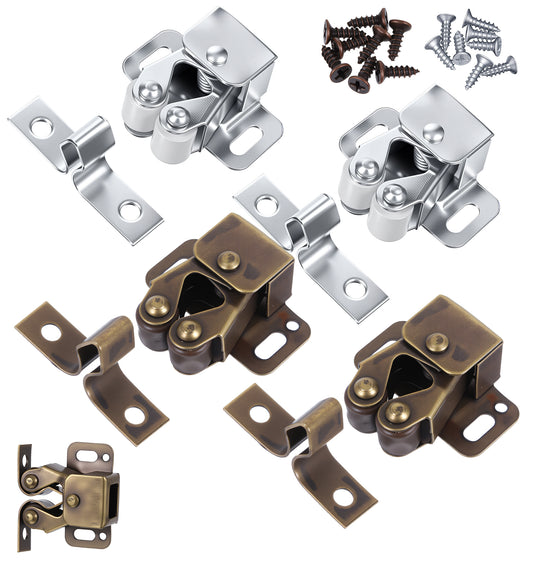 4PCS Double Roller Catch, Cabinet Door Latch & Drawer Restrictor, Silver and Bronze Latches for RV, Cupboard, Closet (Silver and Bronze)
