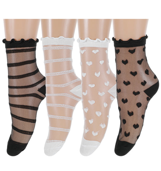 ValueBargain Sheer Ankle Socks for Women with 4 Styles, 4 Pairs Black and White Ruffle Design Thin Lace See-Through Socks Perfect for Summer Casual and Daily Styling Wear