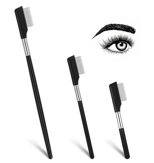 3 Pcs Eyelash Comb Separator, ABS+Aluminium Metal Teeth Grooming Tool for Eye Makeup, Short/Medium/Long Handle (Black)
