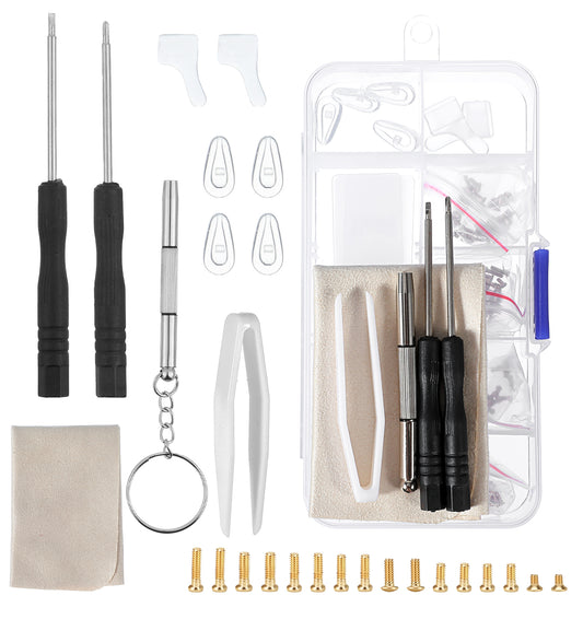 Glasses Screws Repair Kit, Glasses Repair Kit with Screws and Screwdriver, Eyeglass Repair Kit with Nose Pads, Tweezers & Ear Grips, Suitable for Eyeglasses, Sunglasses, Watches, Clocks