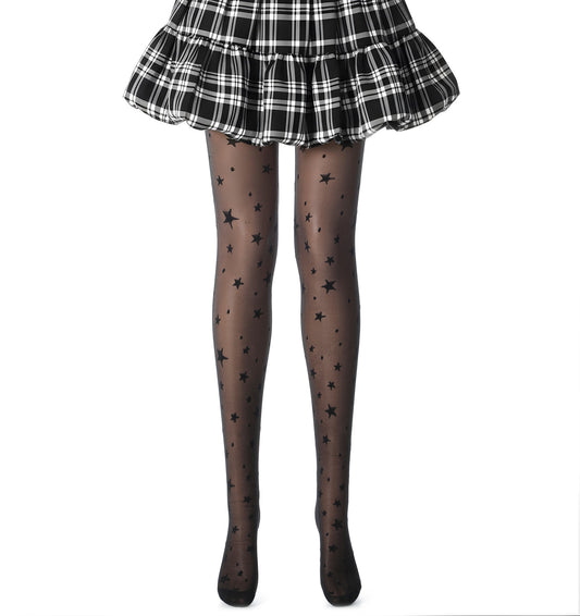 Thrymme Star Tights, Cute Patterned Tights for Women Funky Black Star Printed Sheer Stockings Emo Style Perfect for Parties & Casual Wear