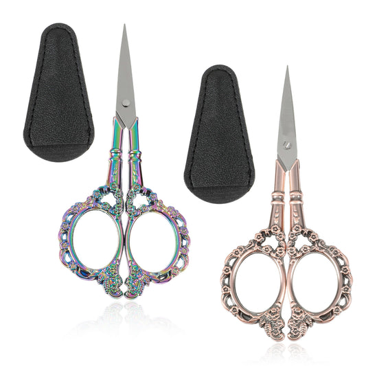 2 Pcs Embroidery Scissors, Vintage Sewing Scissors for Fabric Cutting with Leather Protective Cover Small Sharp Stainless Steel Craft Snips for Needlework & Crochet, Ideal for Sewing & DIY Projects