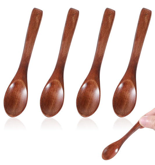 4PCS Tiny Wooden Spoons, Handmade Small Wooden Spoons for Jars Spices Sugar Honey Coffee Tea Kitchen (Red Brown)