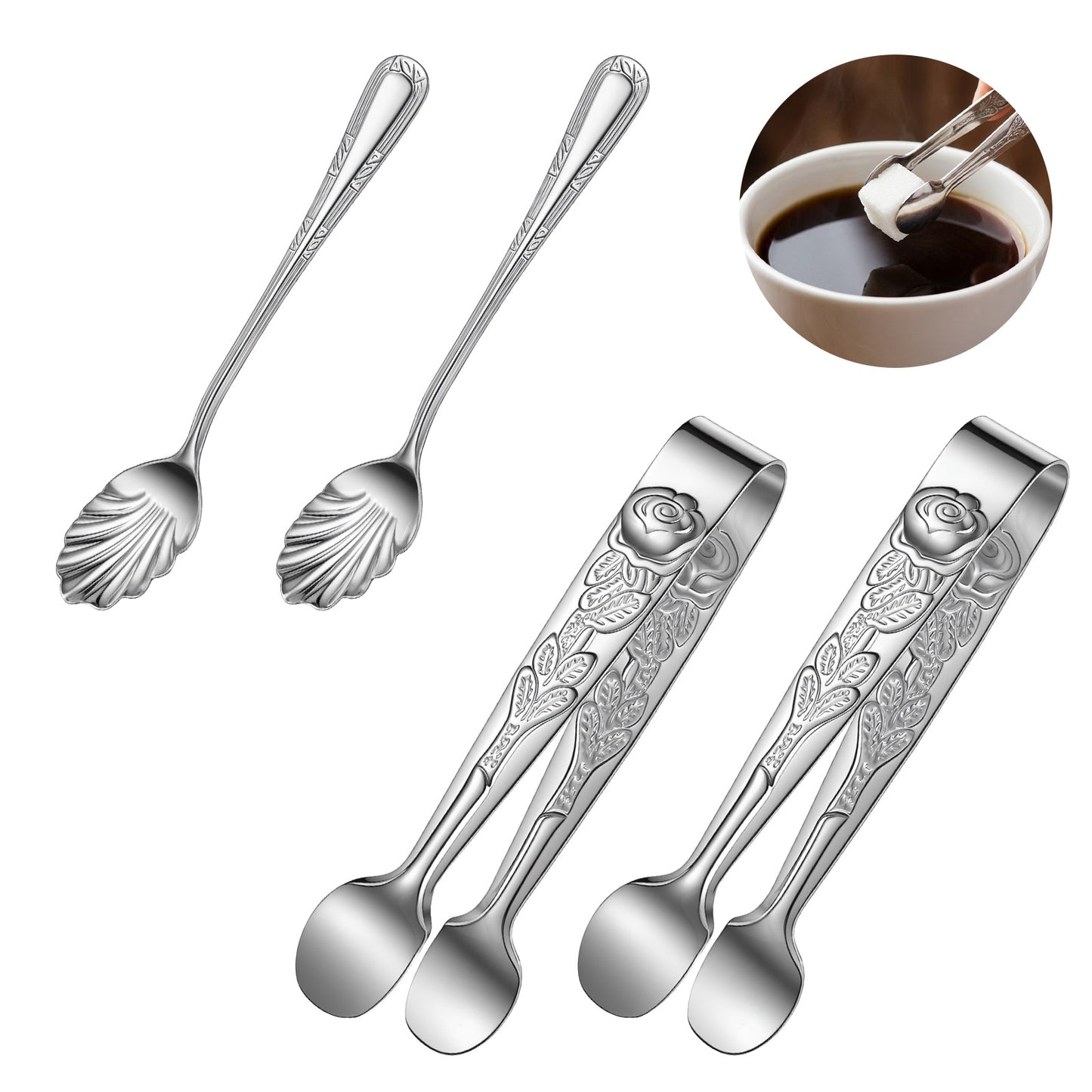 Elegaperma 4pcs Sugar Cube Tongs, Sugar Tongs for Sugar Cubes, Stainless Steel Tiny Sugars Tongs Rose Relief Handle for Sugars Cubes Tea, Coffee, Appetizers & Desserts,Silver