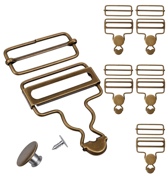 ValueBargain 6 Sets Dungaree Clips, 1-1/2" Buckle Clip with Adjustable Tri-Glide Slide & Buttons for Jeans, Suspenders, Bib Pants (Bronze)