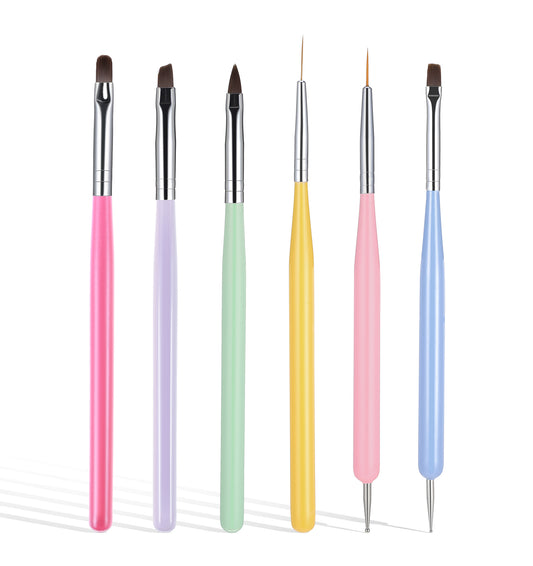 6Pcs Nail Brush Kit, Nail Brushes for Builder Gel & Tiny Detailing, Professional Nails Art Painting Tools for Gel Polish, Manicure Salon & DIY, Multicolor Nails Design Brush Set