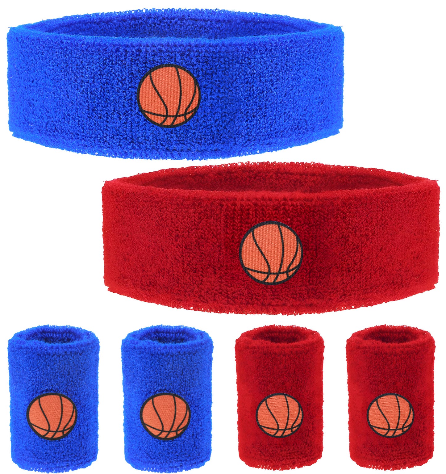 6Pcs Basketball Sweatbands Set, 4 Basketball Arm Bands & 2 Headbands, Moisture Wicking Terry Cloth Wrist Sweat Bands for Sports Workout Teens (Red & Blue)