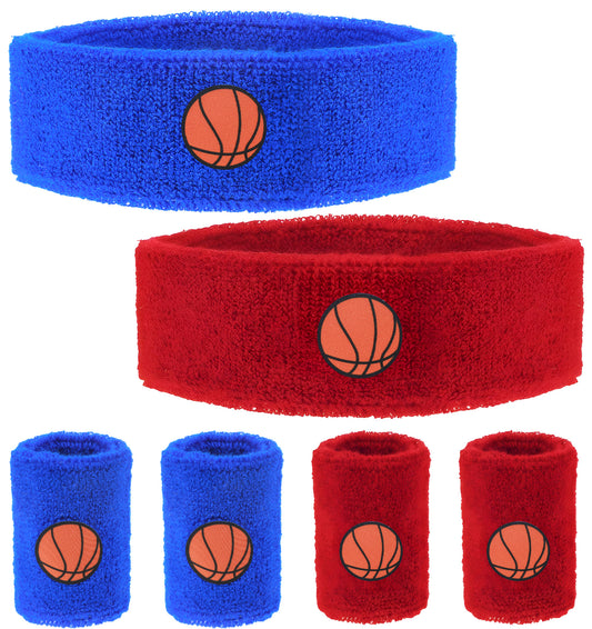 6Pcs Basketball Sweatbands Set, 4 Basketball Arm Bands & 2 Headbands, Moisture Wicking Terry Cloth Wrist Sweat Bands for Sports Workout Teens (Red & Blue)