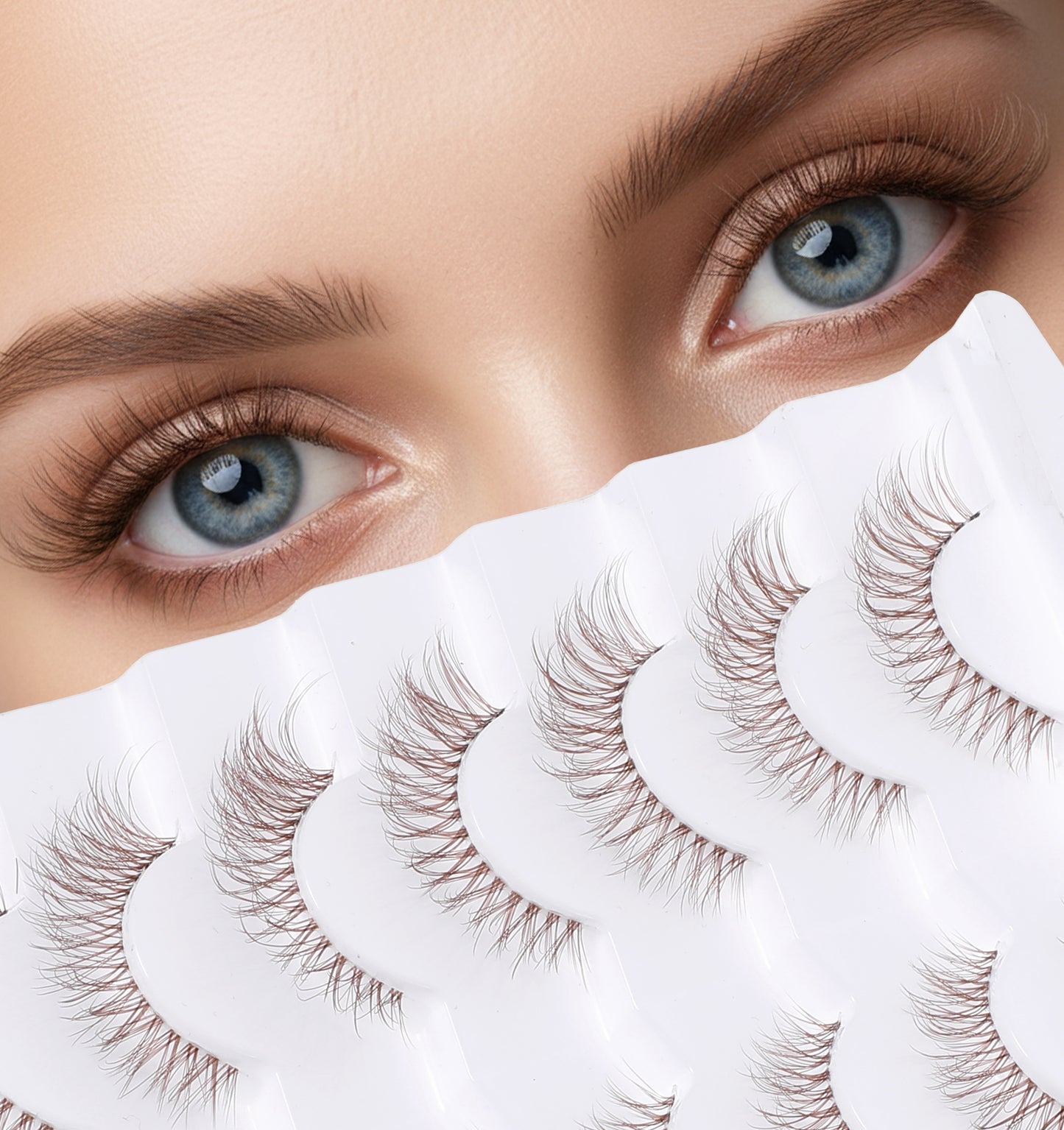 7 Pairs Brown Eyelashes, Brown Lashes with Clear Band, Natural Look Cat Eye Wispy Volume Lashes, C-Curly Short False Eyelashes for Daily Wear