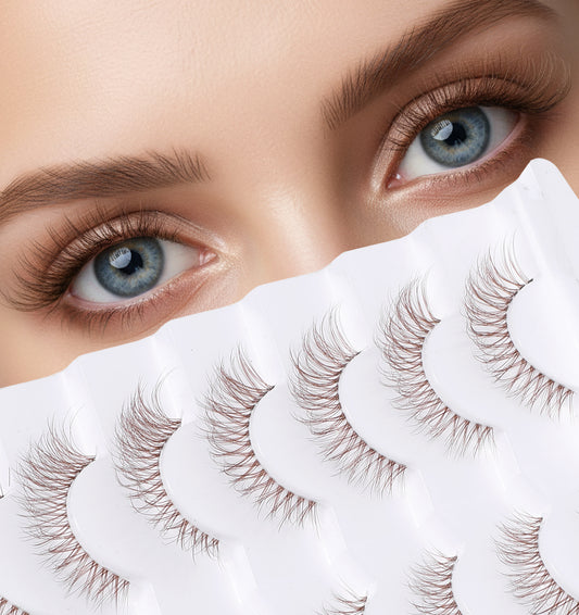 7 Pairs Brown Eyelashes, Brown Lashes with Clear Band, Natural Look Cat Eye Wispy Volume Lashes, C-Curly Short False Eyelashes for Daily Wear