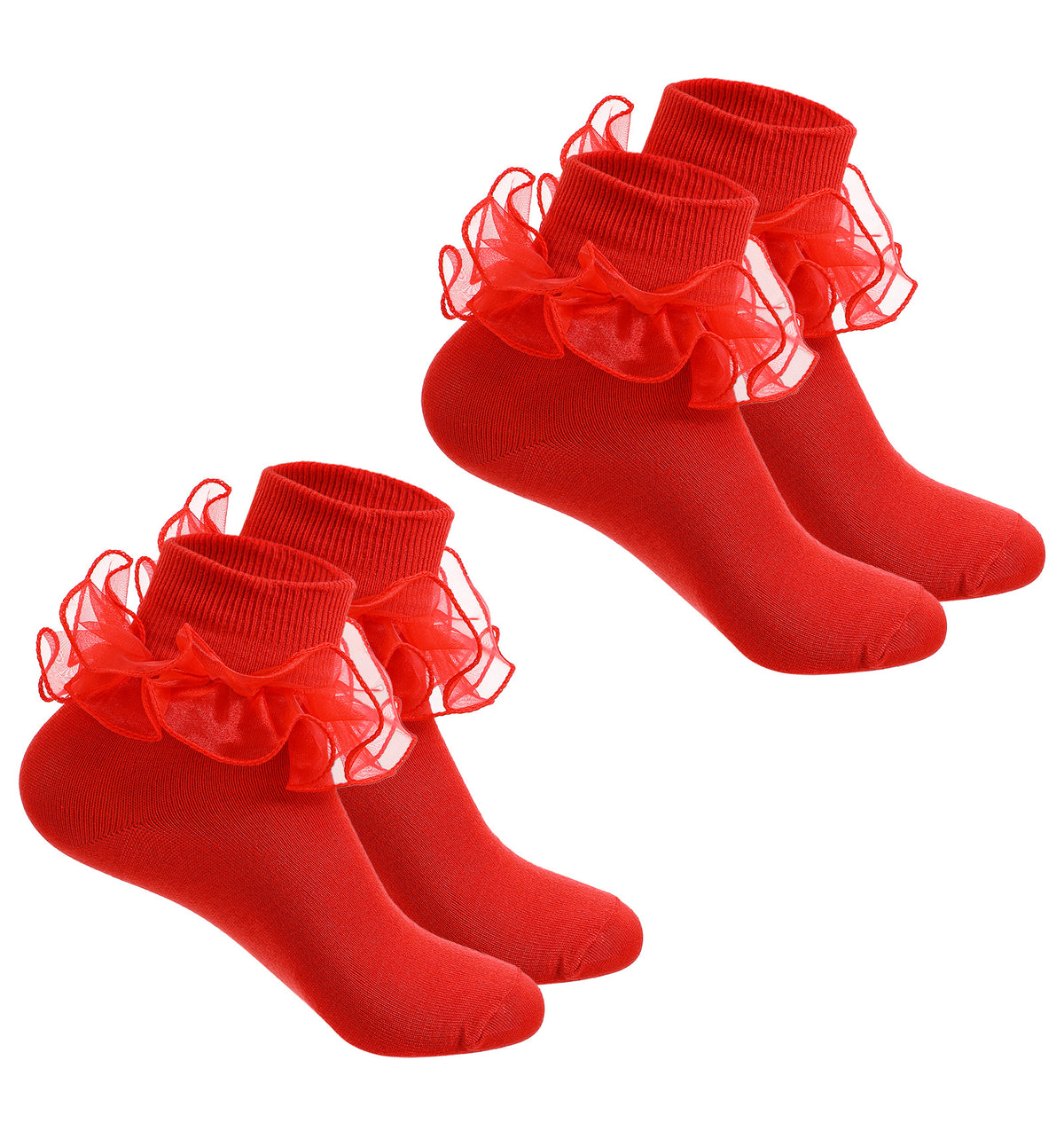 FRCTLNKG Red Socks, 2 Pairs Frilly Socks Women with Double Lace Turn Cuff