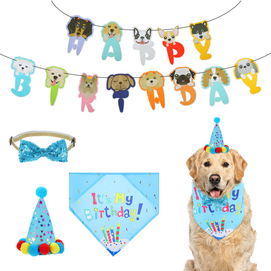 Classicseali 4pcs Dogs Birthday, Adjustable Dog Party Hat, Cute Birthday Hat for Dog, Equipped with a Triangular Scarf, Bow Tie and Letter Banner, Suitable for Small and Medium-sized Dogs and Cats
