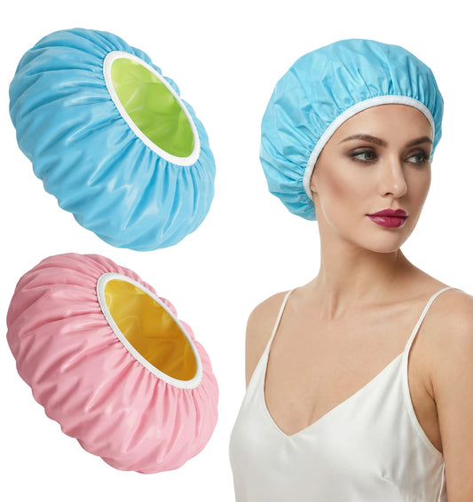 2 Pcs Large Shower Cap, Waterproof Shower Cap Reusable Two Layer Large Caps with Elastic Band for Long, Thick or Curly Hair