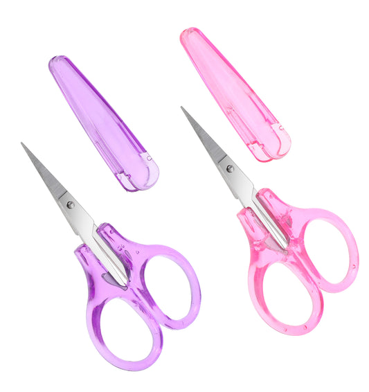 Sewing Scissors Small, 3.7" Yarn Scissors for Crafts with Safety Cover Ambidextrous Plastic Grip, Compact Travel Design for Sewing, Embroidery, Knitting & DIY Projects (Pink, Purple)
