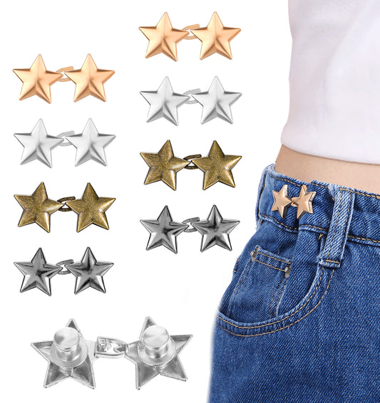 8 Pcs Waist Tightener Clips Waistband Tightener, Jean Pins to Tighten Waist Metal Stars Jean Buttons Reusable for Loose Pants Skirts Sleeves Sweaters