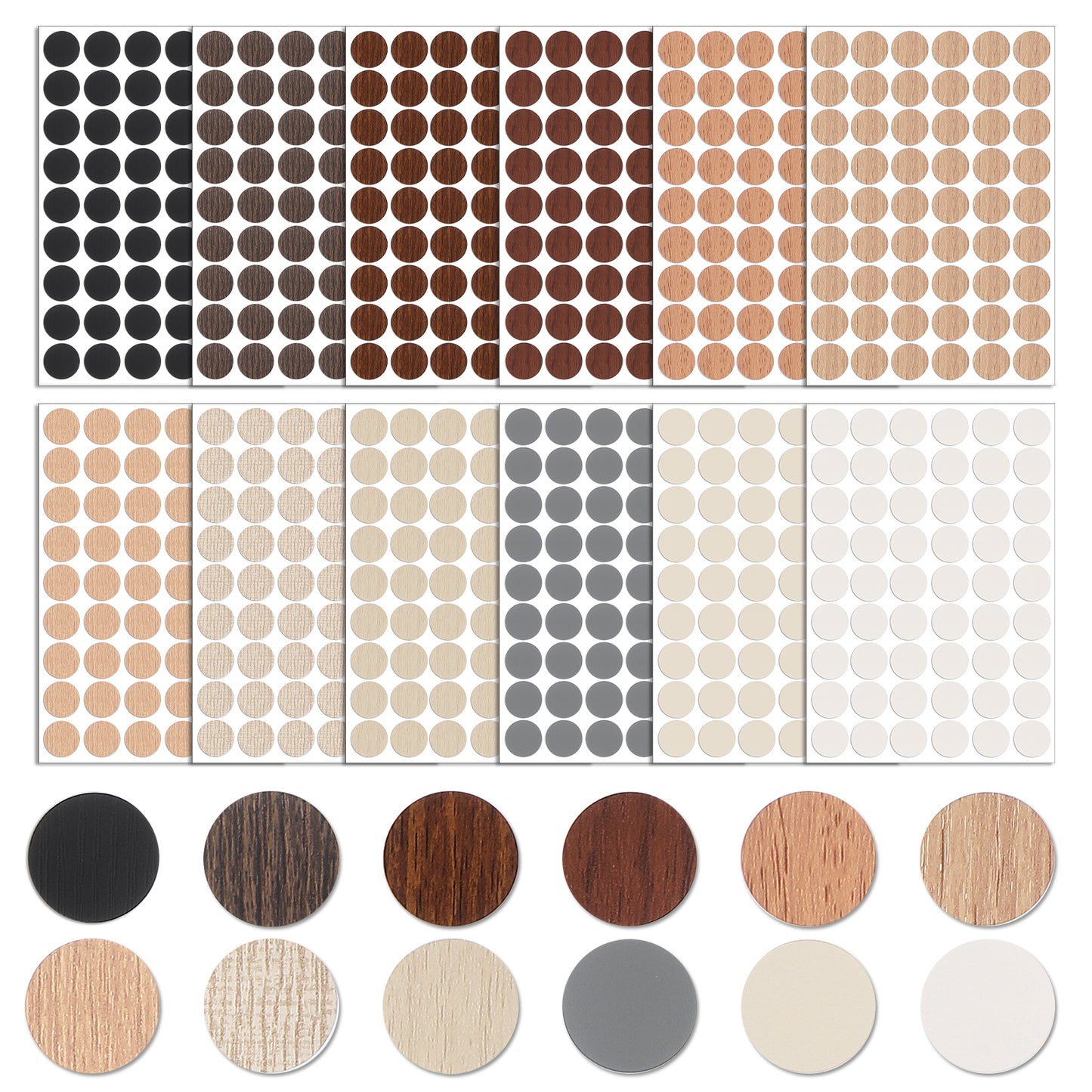 Oruola 12 Colors 648 Pieces Screw Hole Covers Stickers,Self Adhesive Screw Hole Covers Caps Stickers,Waterproof Wood Grain Furniture Stickers Ø 21 mm for Cabinets,Desks,Furniture Screw Holes