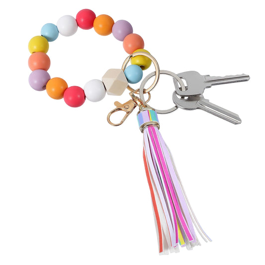 guduling Silicone Keychain Wristlet,Silicone Beaded Keychain,Beaded Wristlet Bangle with Leather Tassel, Hands-Free Car Key Holder & Mini Wallet for Women, Valentines Day Gift in White