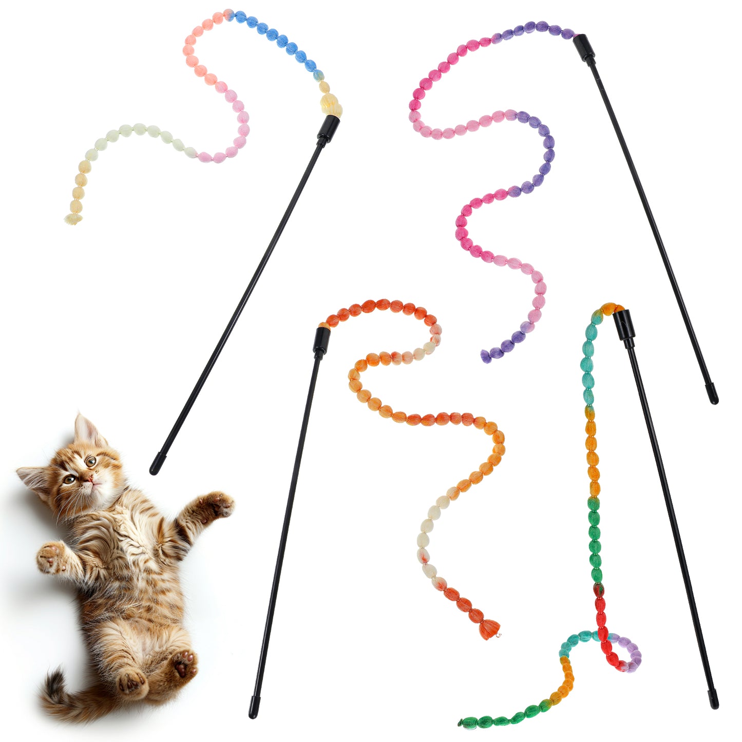 Classicseali 4pcs Cat Wand Toy, Cat Teaser Wand, with Hoist Rope, Colorful Wands Cats Toy, Interactive Pet Toys, Suitable for Indoor Cats to Play, Bite and Chase