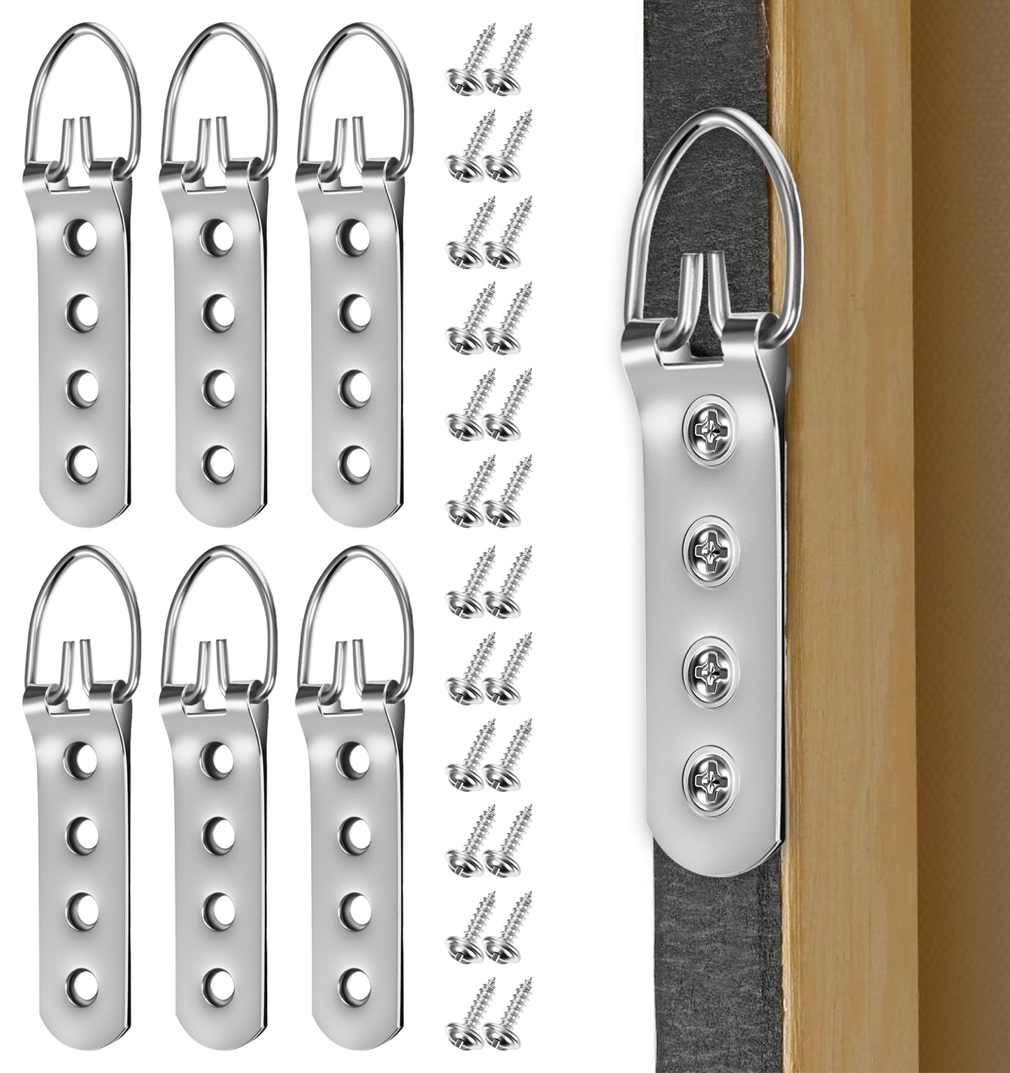 6Pcs D Rings for Picture Hanging, Super Heavy Duty D Ring Picture Hangers Mirror Hanging Hardware, D-Ring Hooks Frame Brackets Kit Ideal for Large Frames & Mirrors, Strong & Reliable Wall Mounting