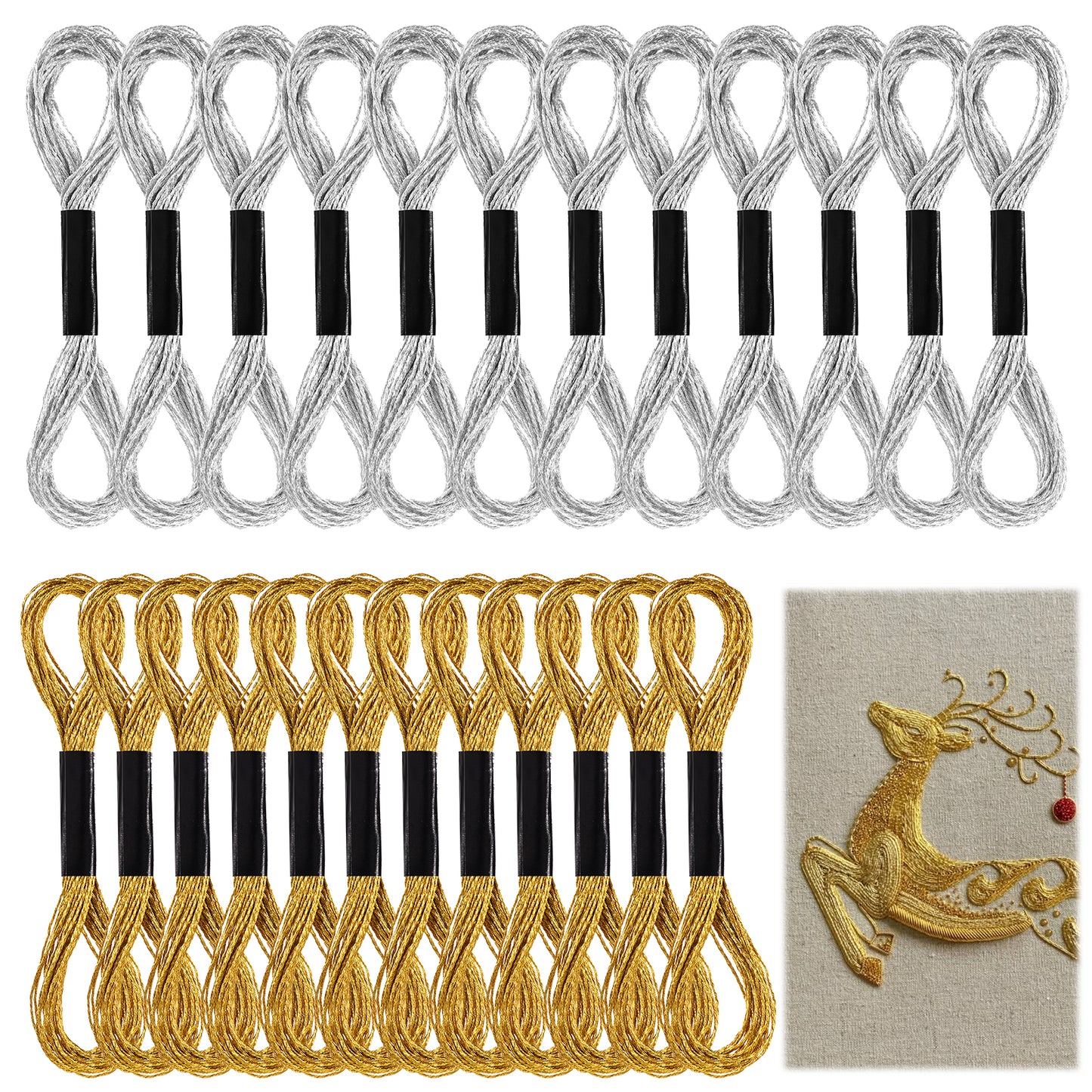 Oruola 24Pack Metallic Embroidery Thread, Cross Stitch Gold and Silver Thread Satin Polyester Thread, Gold and Silver Silk Thread for DIY Bracelet Weaving Embroidery Crafts Art