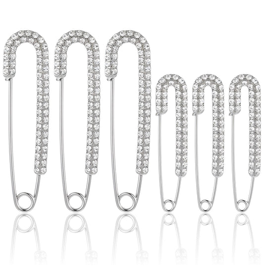 Decorative Safety Pins 6-Pack - Rhinestone Brooch Clips for Sweaters/Dresses/Scarves, Faux Crystal Fashion Accessories for Women (Silver Sparkle Non-Slip Clips)