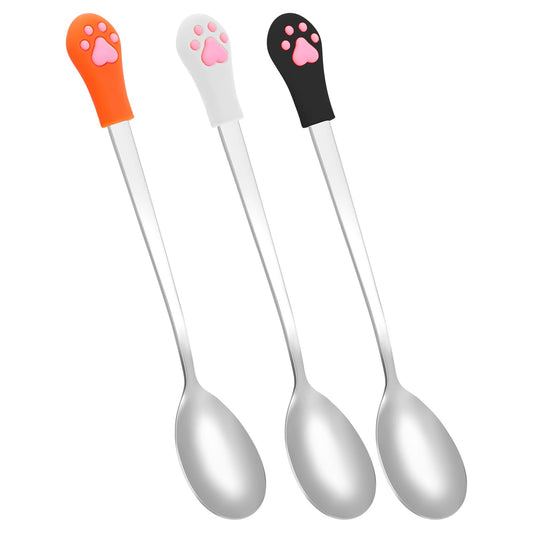 oruola 3pcs Cat Food Spoon,Dog Food Scoop,Stainless Steel Cats Spoons for Wet Foods,Cute Cat Claw Silicone Mixing Spoon for Dog and Cats Foods Can(White Black and Orange)