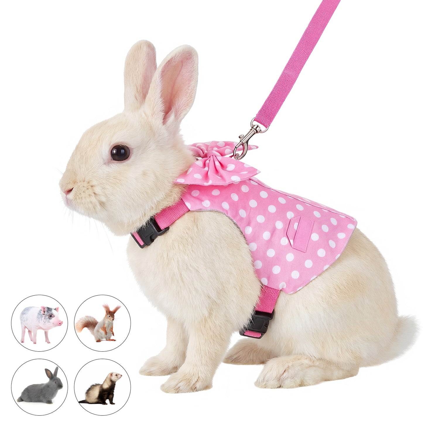 Guduling Rabbit Harness and Lead Set, Easily Adjustable Rabbit Harness Leash for Small Animals, Rabbits Harnes and Leashes for Proof Safely Walking Cute Bow Vest and Leashes, Pink, Small