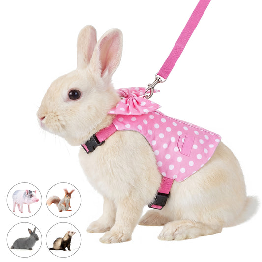 Guduling Rabbit Harness and Lead Set, Easily Adjustable Rabbit Harness Leash for Small Animals, Rabbits Harnes and Leashes for Proof Safely Walking Cute Bow Vest and Leashes, Pink, Small