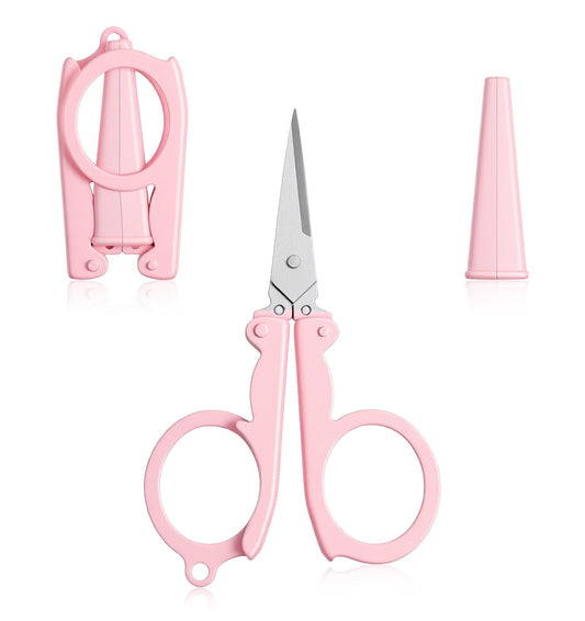 2 Pcs Folding Scissors, Pink Stainless Steel Mini Scissors Small Foldable Pocket Travel Shears for Scrapbooking Embroidery Sewing Crochet Yarn Crafts (Cute Design with Safety Cap)