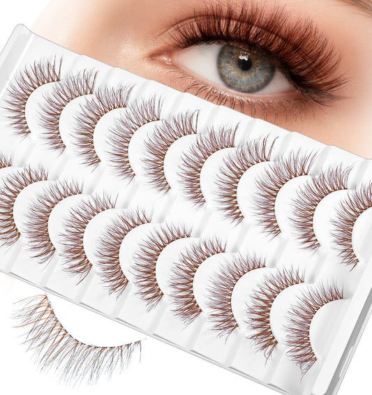 10 Pairs Brown False Lashes, Natural Cat Eye Wispy Brown Strip Lashes