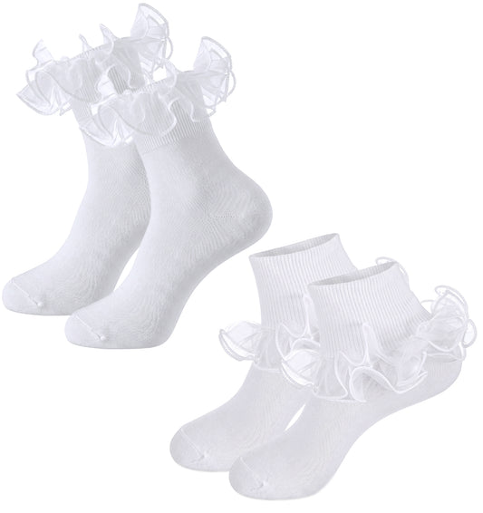 2 Pairs White Frilly Socks, Soft Cotton White Frilly Socks Women