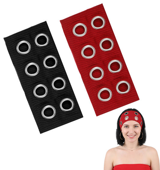 2Pcs Eyelet Headband for Women, Red & Black Headband with Silver Holes, 7.87 Inch Wide Elastic Hair Band, Metal Grommet Punk Grunge Style (Black & Burgundy, 20 x 9.5 cm)