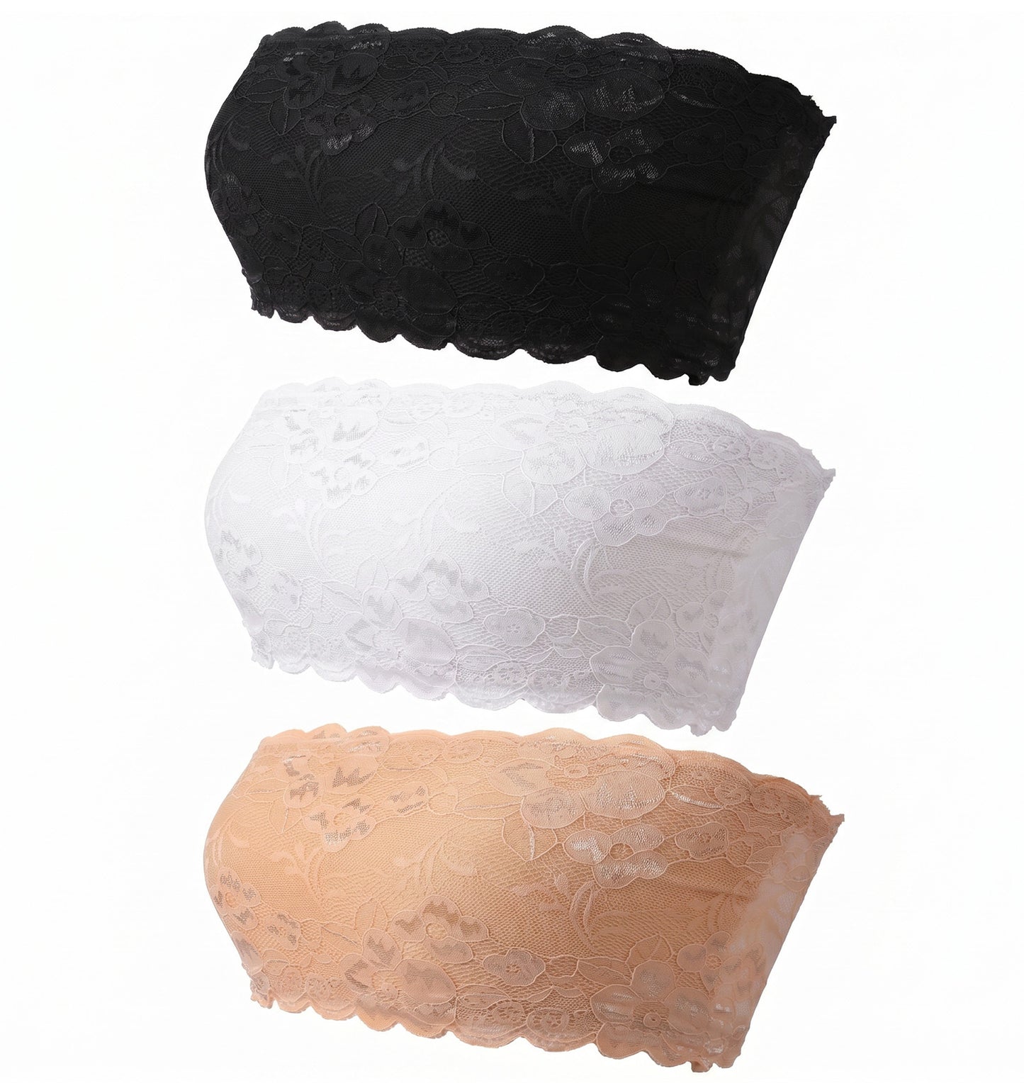 Thrymme 3 PCS Lace Tube Tops for Women, Nylon Lace Cleavage Cover up for Deep Necklines, Elegant Coverage for Low Necklines Professional & Casual Wear (Black/White & Beige, One Size Fits 40-55kg)