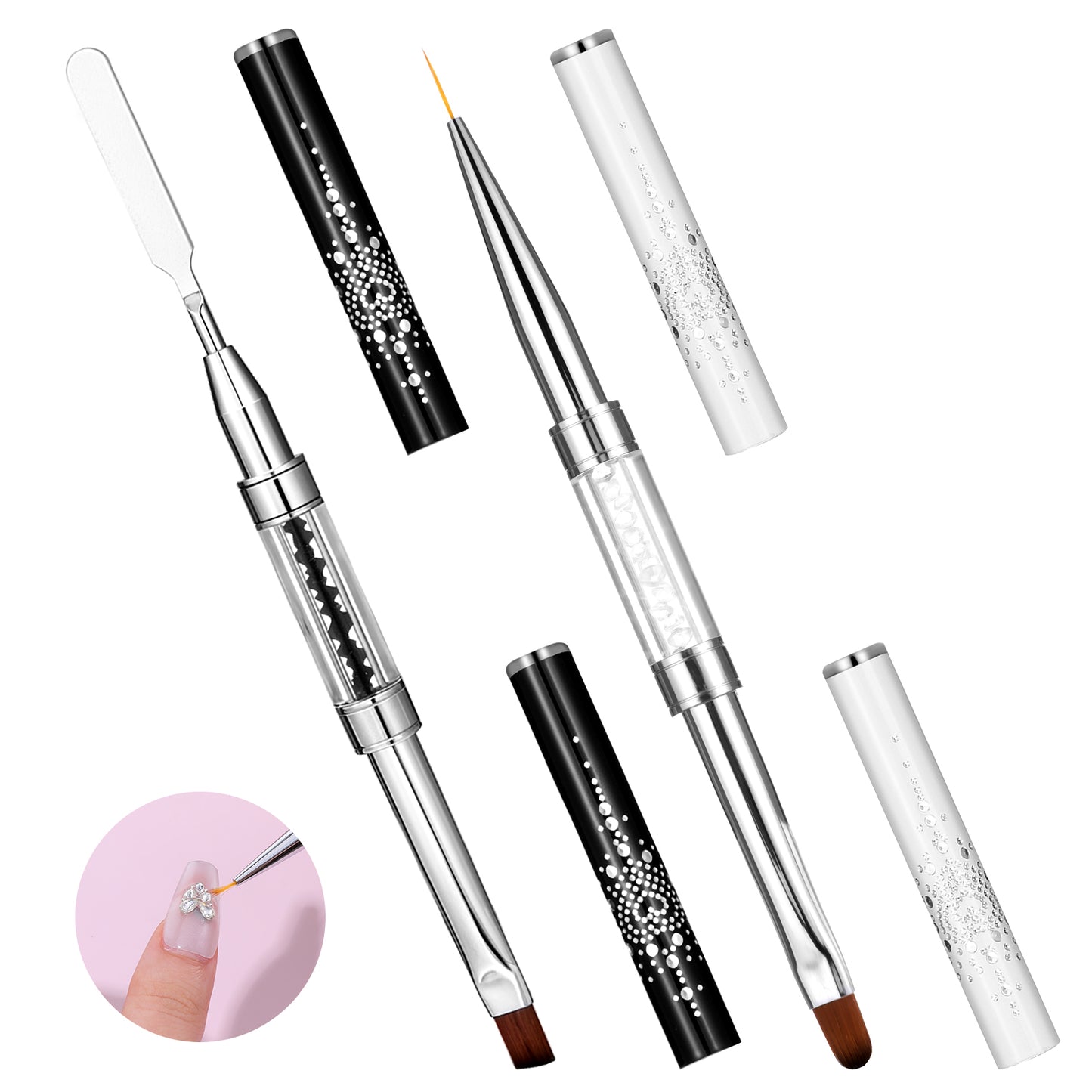 Guduling 2pcs Gel Nail Brush, Thin Nail Art Brush, Gel Brushes for Nails, Double-Head Design, Shiny Handle, Professional Nails Art, White + Black
