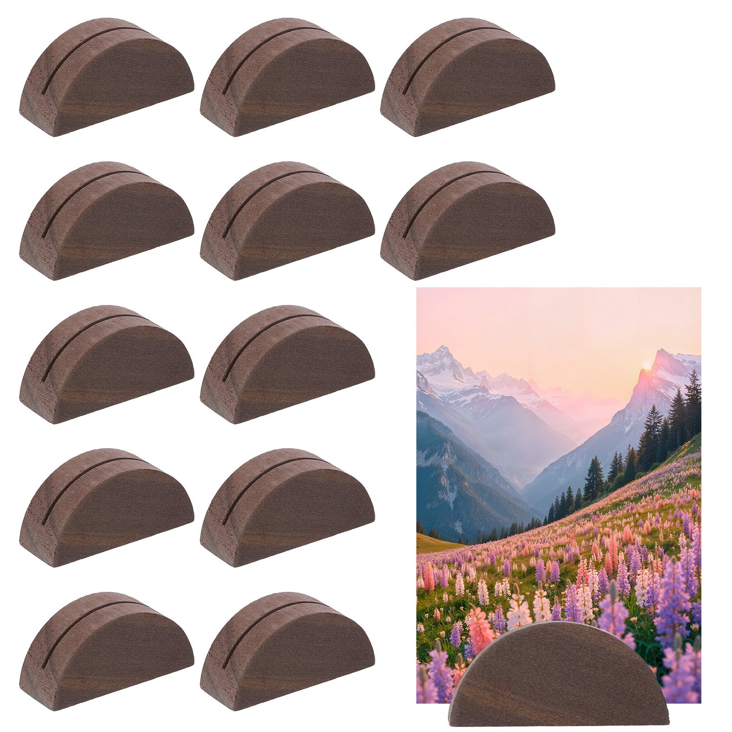 Classicseali 12pcs Table Number Stands, Wooden Table Number Holders, Semicircular Design Placecard Holders for Table, 1.6In Wood Card Holder, Card Stand for Retail Shop Wedding Party Events Decoration