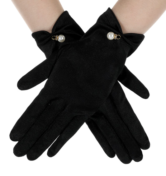 FRCTLNKG 1 Pair Black Satin Gloves Women, Black Short Pearl Gloves with Bow, Elegant Satin Gloves for Wedding and 1920s Events